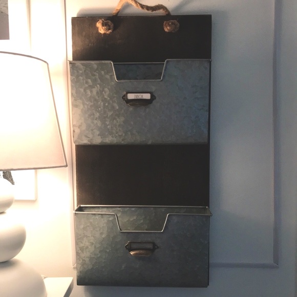 Rae Dunn 2 tier wall hanging mail filer rustic farmhouse wood metal inbox outbox - Picture 2 of 10